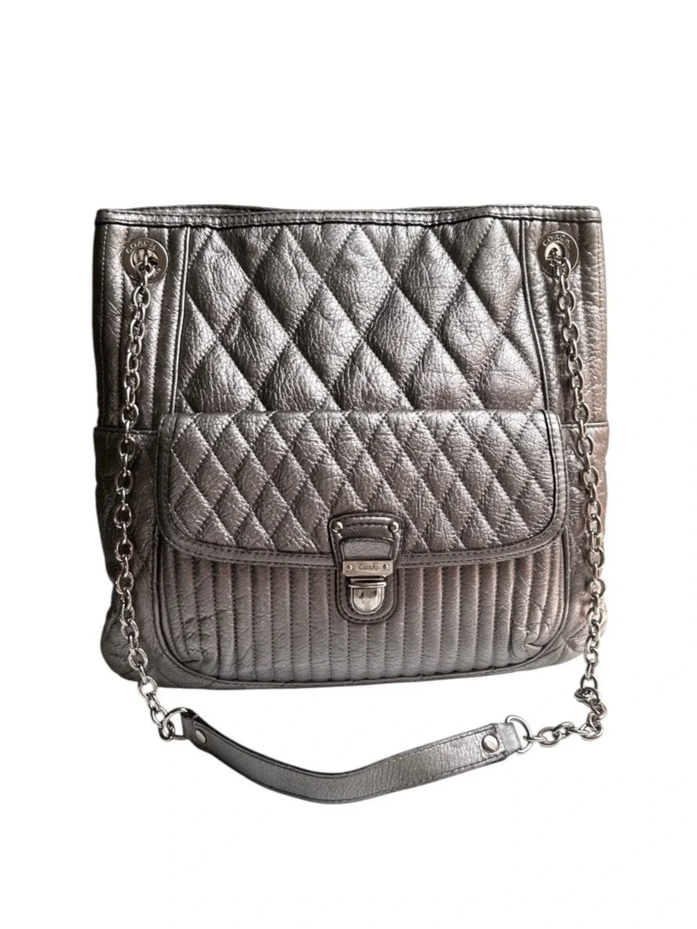 Coach Poppy 19854 Slim Leather Quilted Metallic Platinum Shoulder Tote